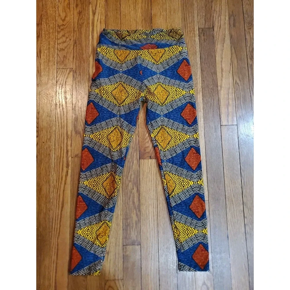 Lularoe Geometric African Print Diamond Leggings Blue Yellow‎ Orange High Waist